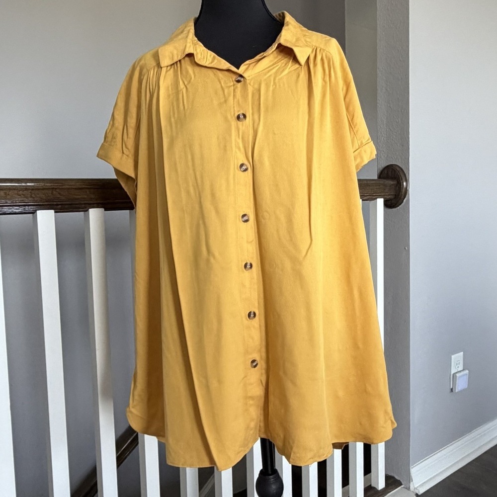 Rose & Olive NWT Short Sleeve Button Up Top Blouse 2X Mustard Yellow Boho Coast